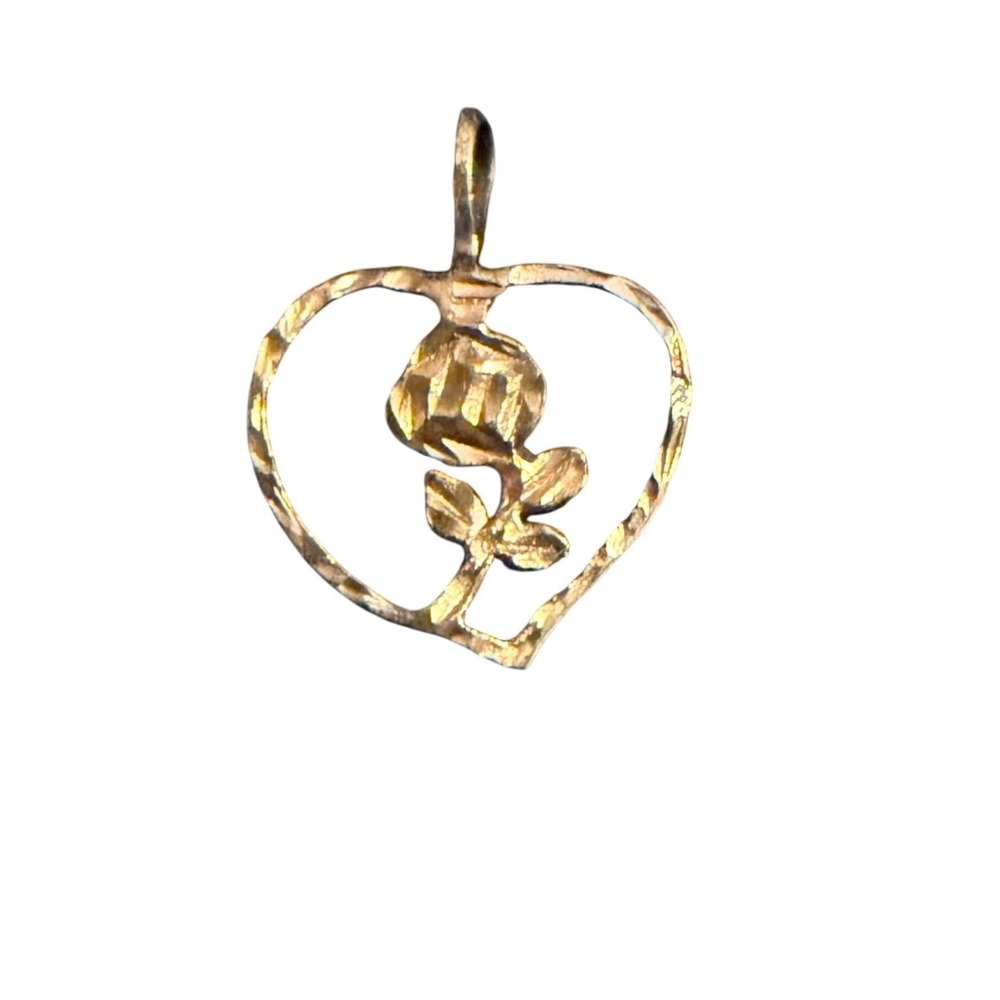 Vintage 14K Yellow Gold Heart Rose Pendant Diamond Cut Textured Flower Charm